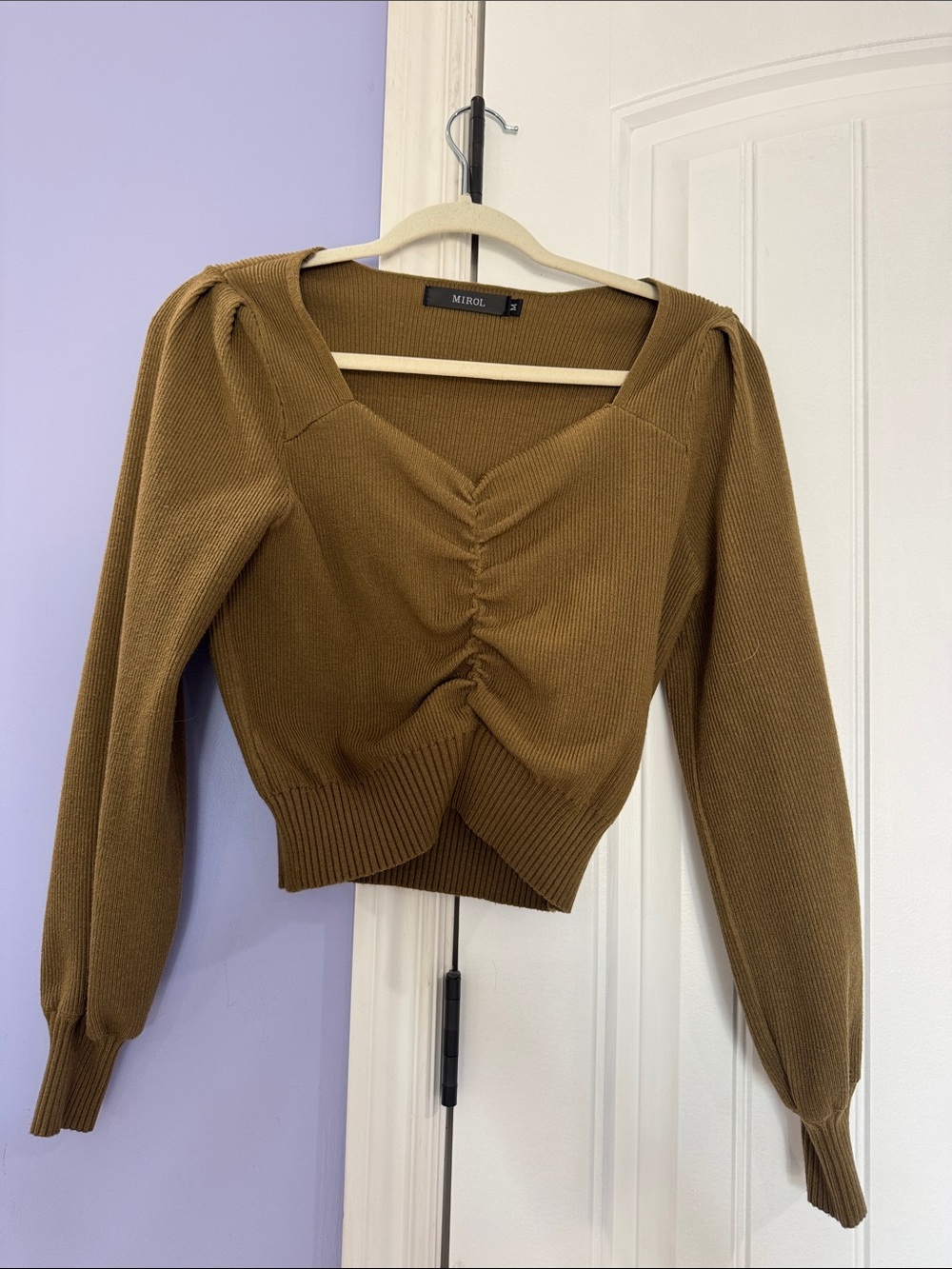 Mirrol Brown Ruched V-Neck Knit Sweater
